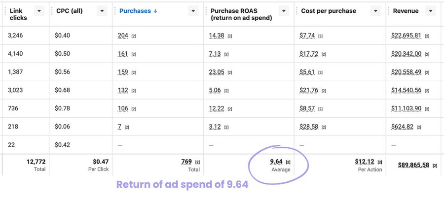 Ads Manager results: $89,865 in sales from 769 purchases